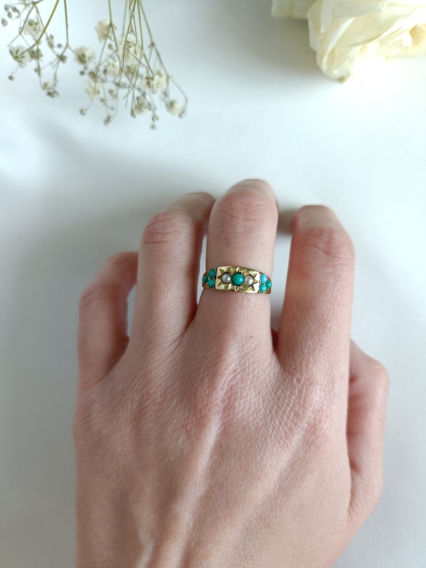 Antique 15ct Gold Star Set Turquoise & Seed Pearl Gypsy ring