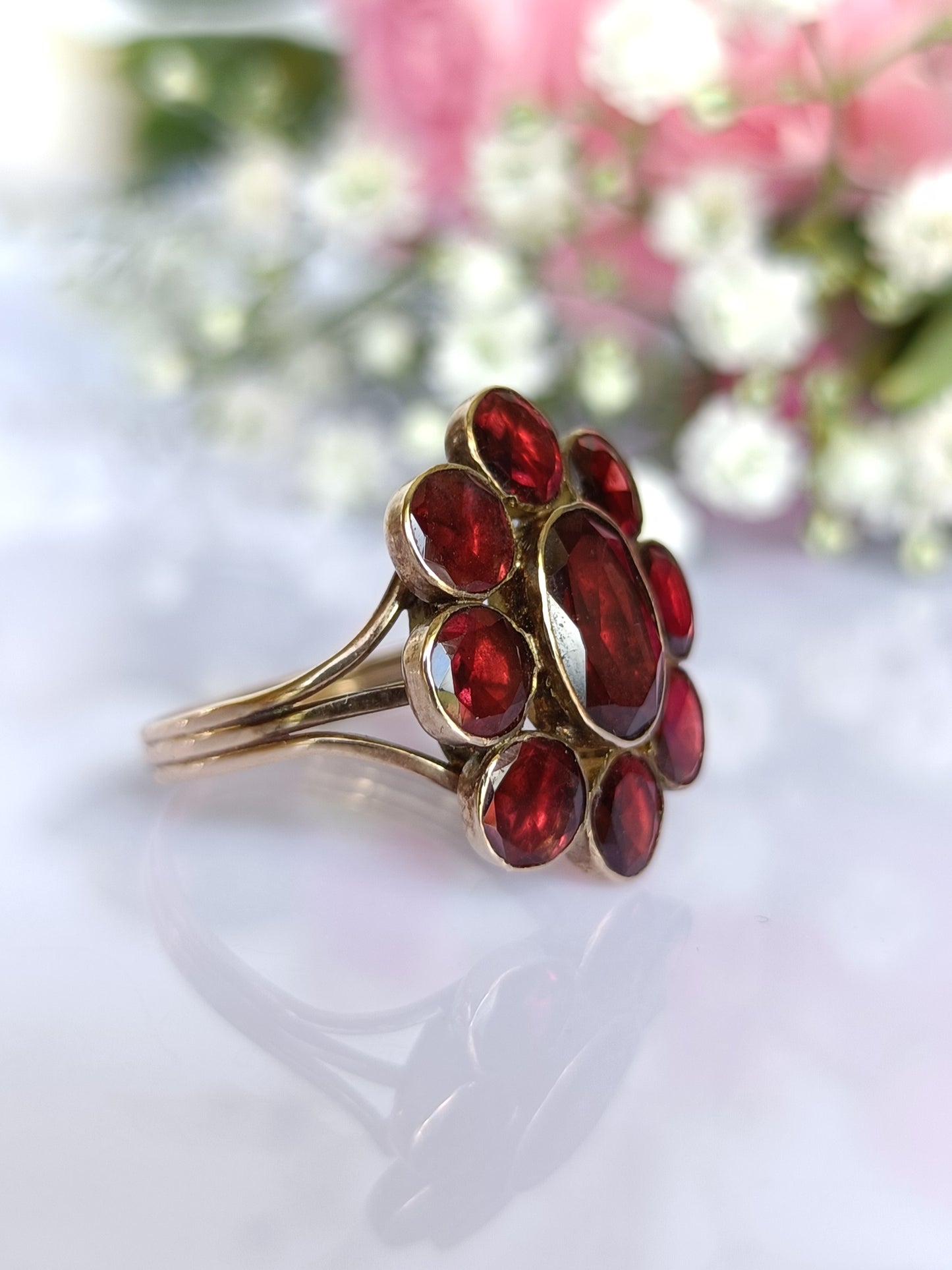 Antique Edwardian 1900c 9ct Gold "Georgian Revival" Natural Garnet Flower Cluster Ring