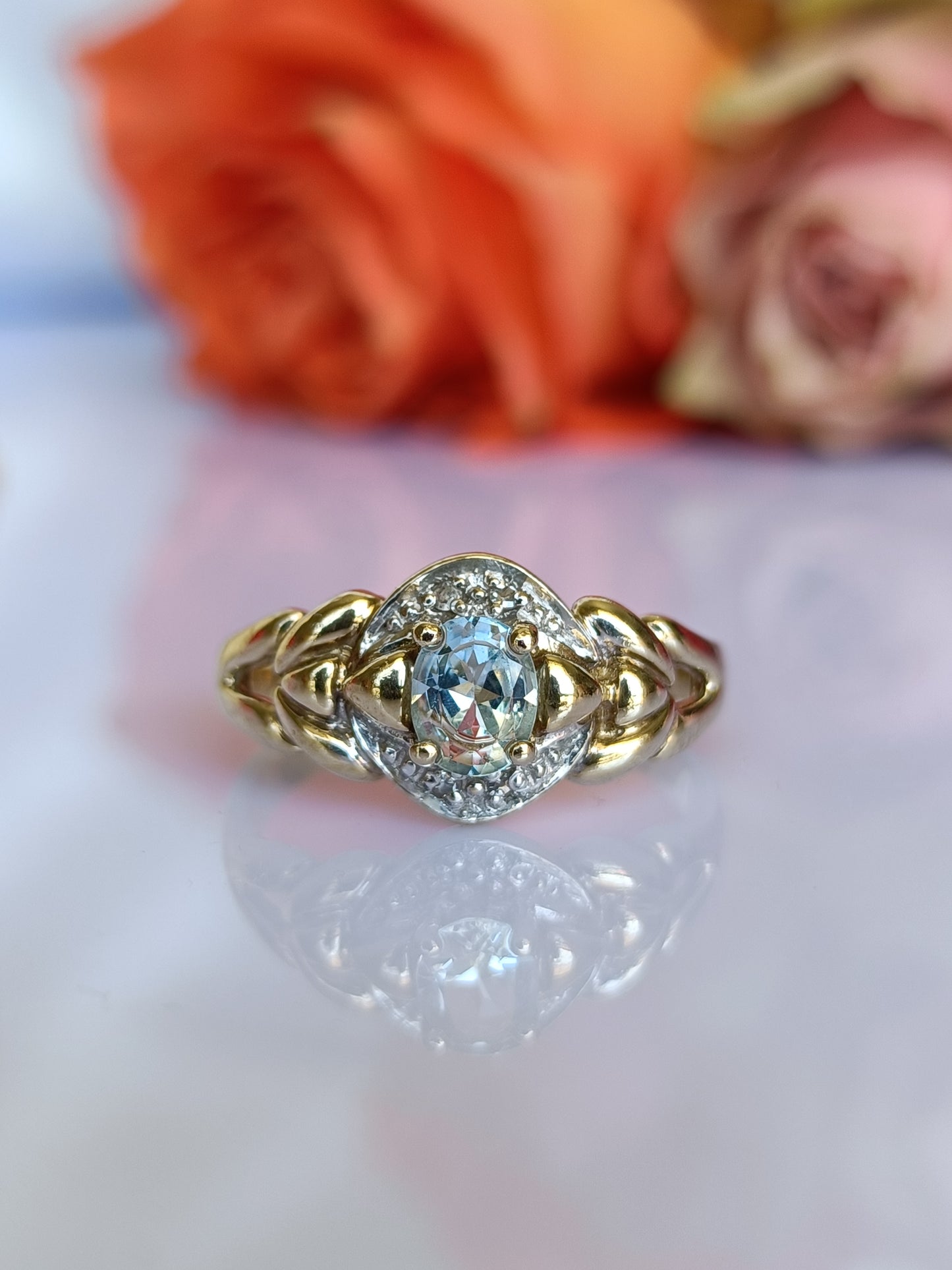 9ct yellow gold blue topaz & diamond dress ring size 5 1/2 US or K UK