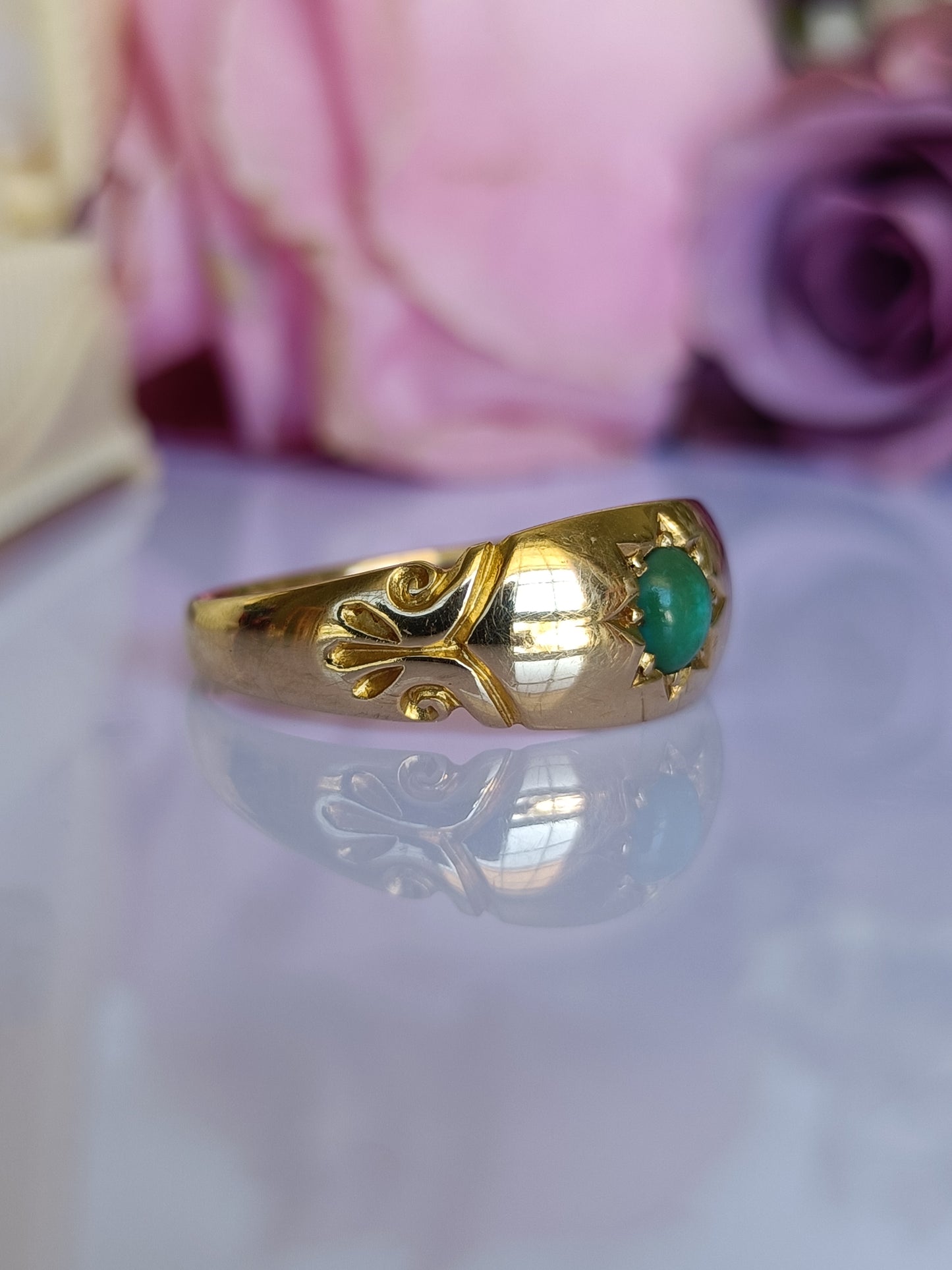 Antique 1908 Chester 18ct Gold & Turquoise Star Set Gypsy Band Ring