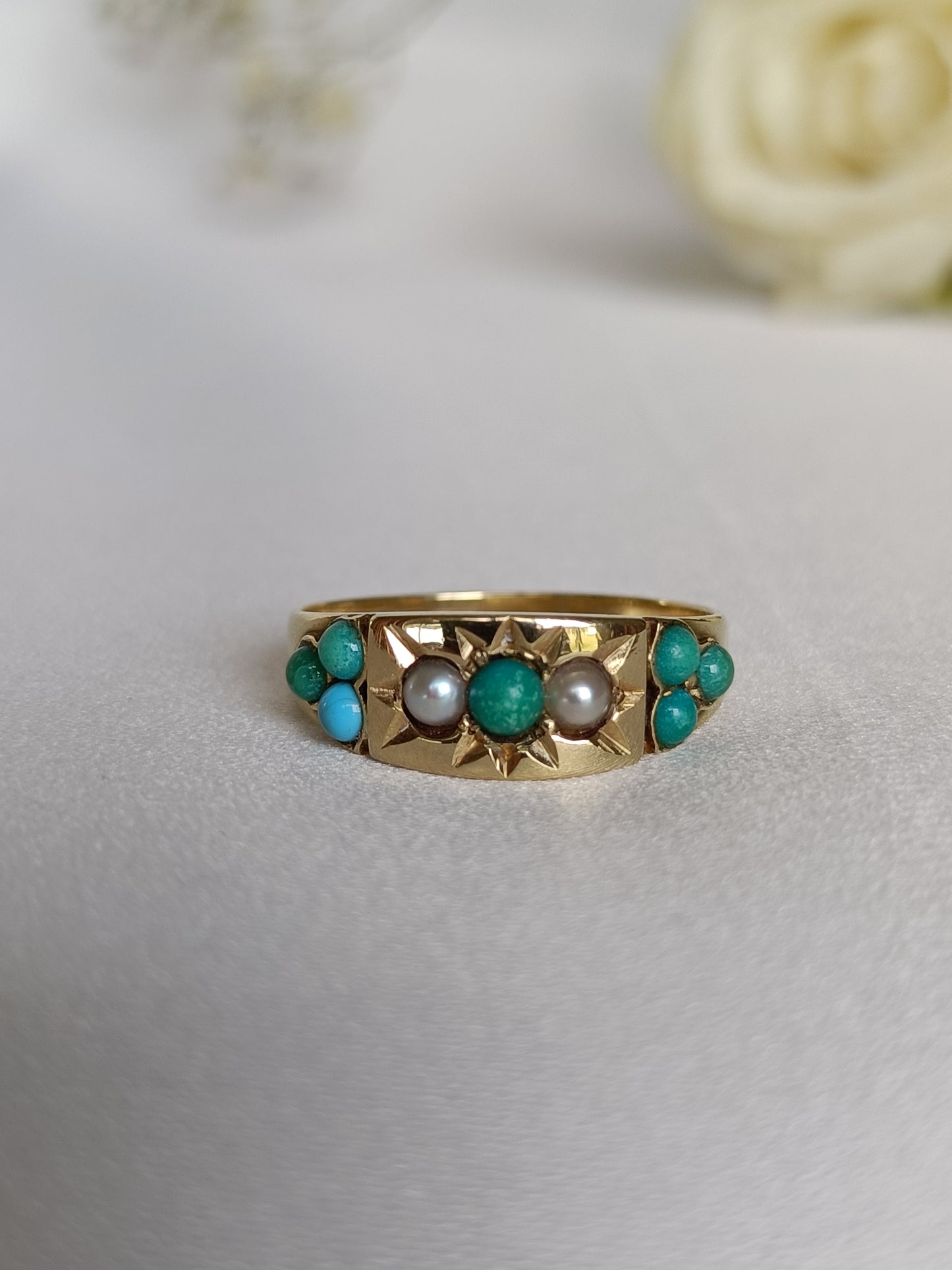 Antique 15ct Gold Star Set Turquoise & Seed Pearl Gypsy ring