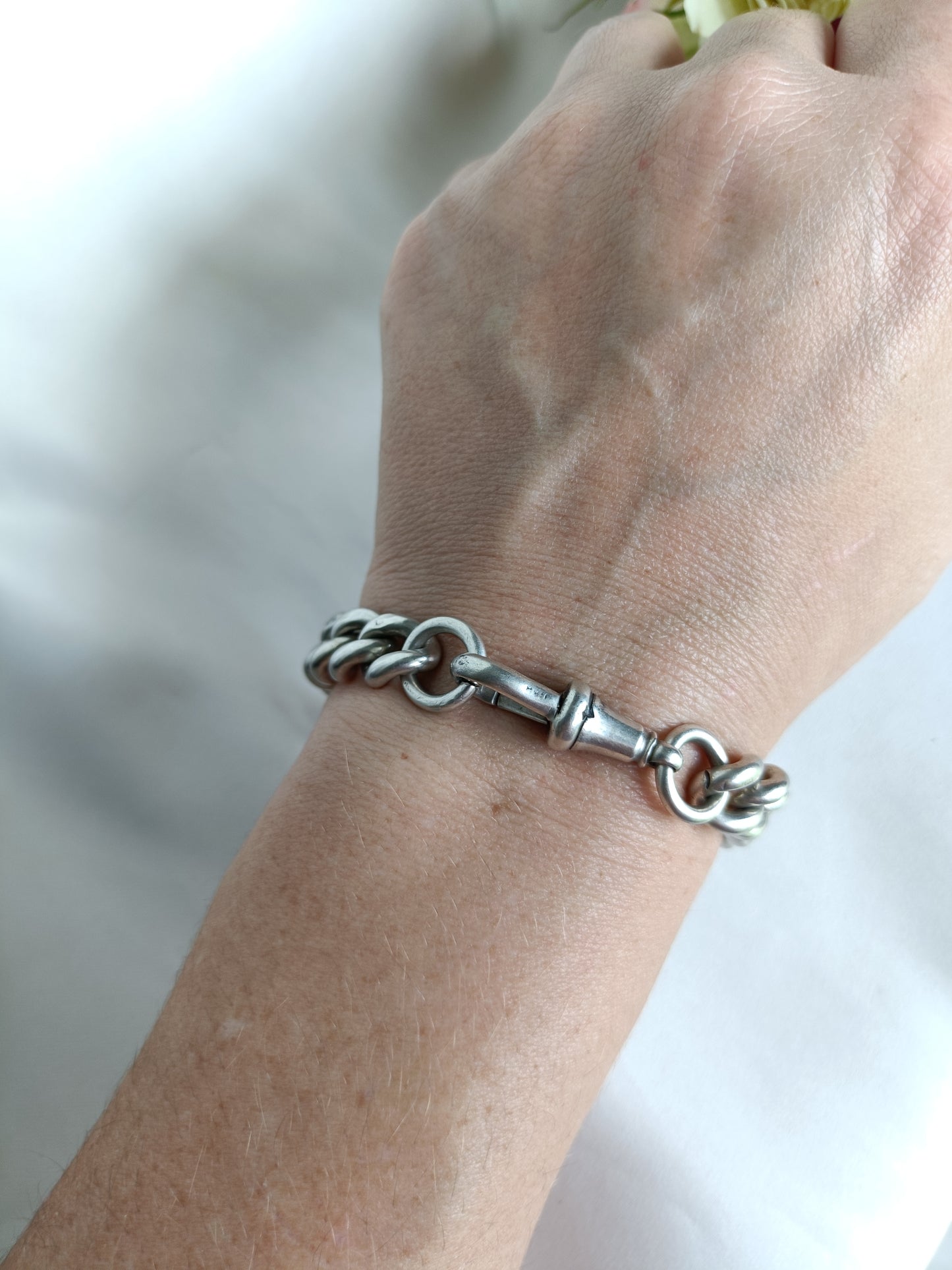 Antique English heavy sterling silver curb link chain bracelet with dog clip closure 22cm