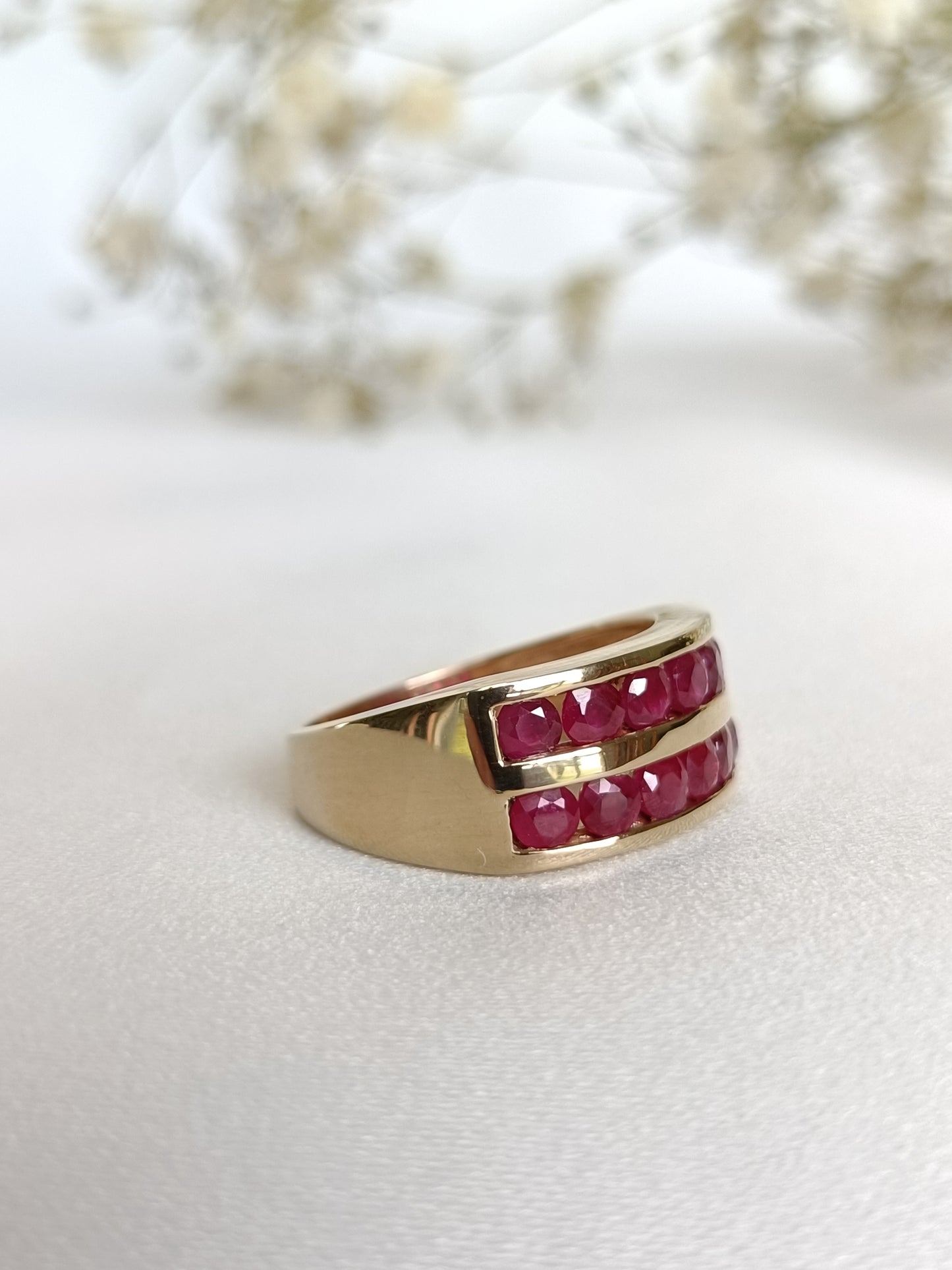 Vintage 10ct yellow gold Channel Set double row Natural Ruby cocktail Ring