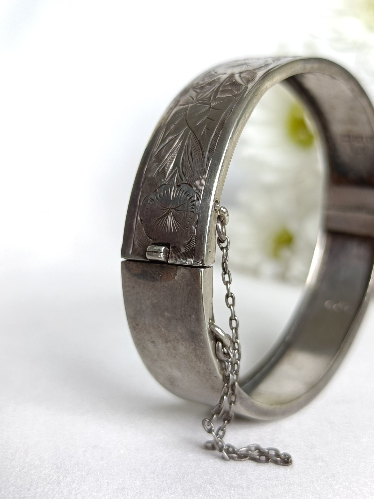 Antique 1883c sterling silver floral morning glory engraved bangle by James Fenton