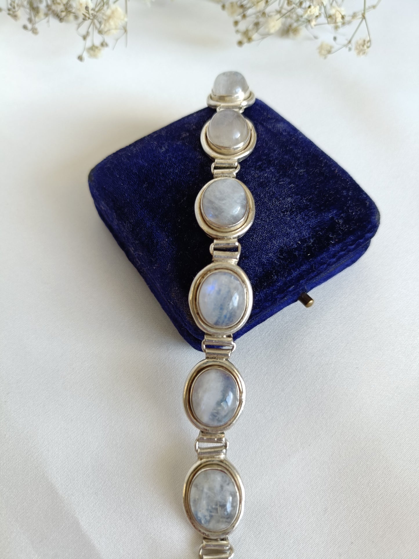 Vintage 925 sterling silver & moonstone toggle bracelet 18-19cm