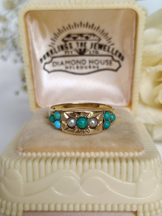 Antique 15ct Gold Star Set Turquoise & Seed Pearl Gypsy ring