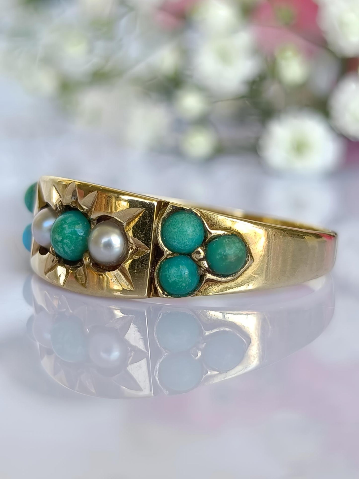 Antique 15ct Gold Star Set Turquoise & Seed Pearl Gypsy ring