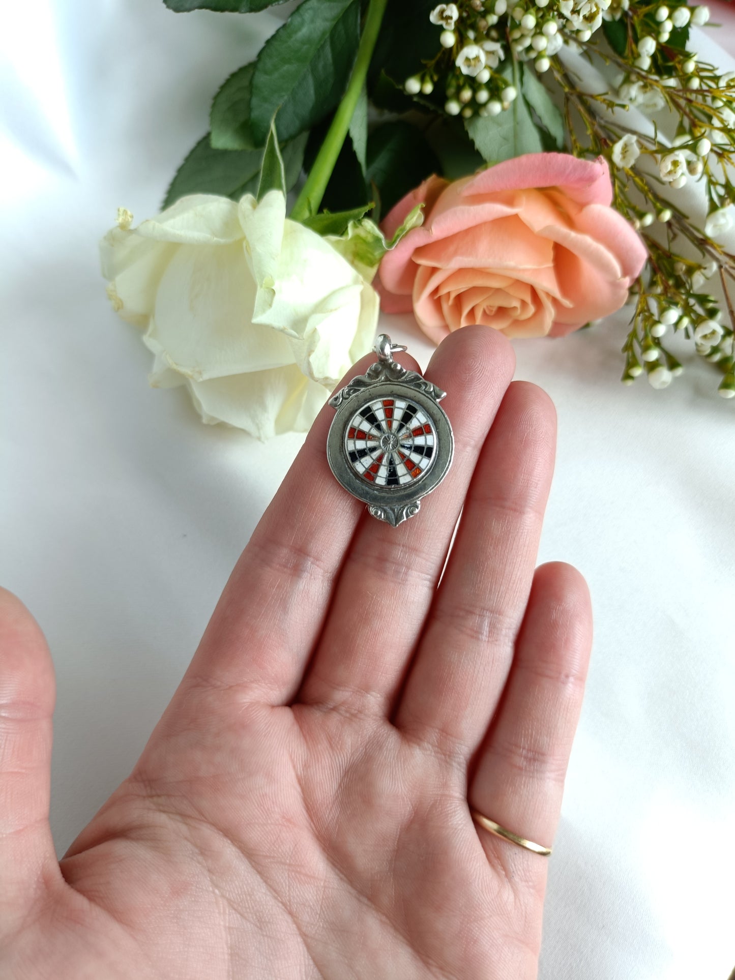 Vintage 1938 Sterling silver & Enamel dart board fob pendant by Robert Pringle & Sons.