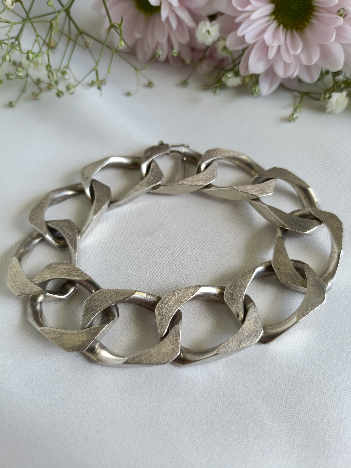 Heavy Vintage Italian UNNOARRE sterling silver stretched Curb link bracelet 20.5cm