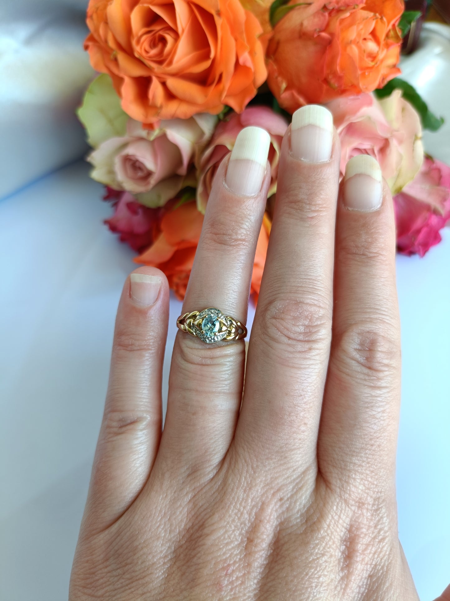 9ct yellow gold blue topaz & diamond dress ring size 5 1/2 US or K UK