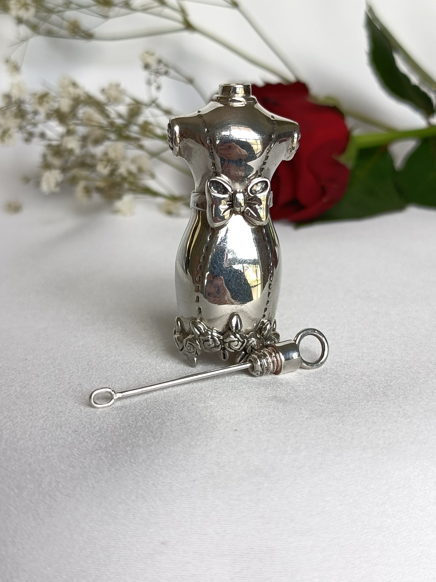 Vintage 925 Sterling silver Seamstress bust perfume bottle pendant