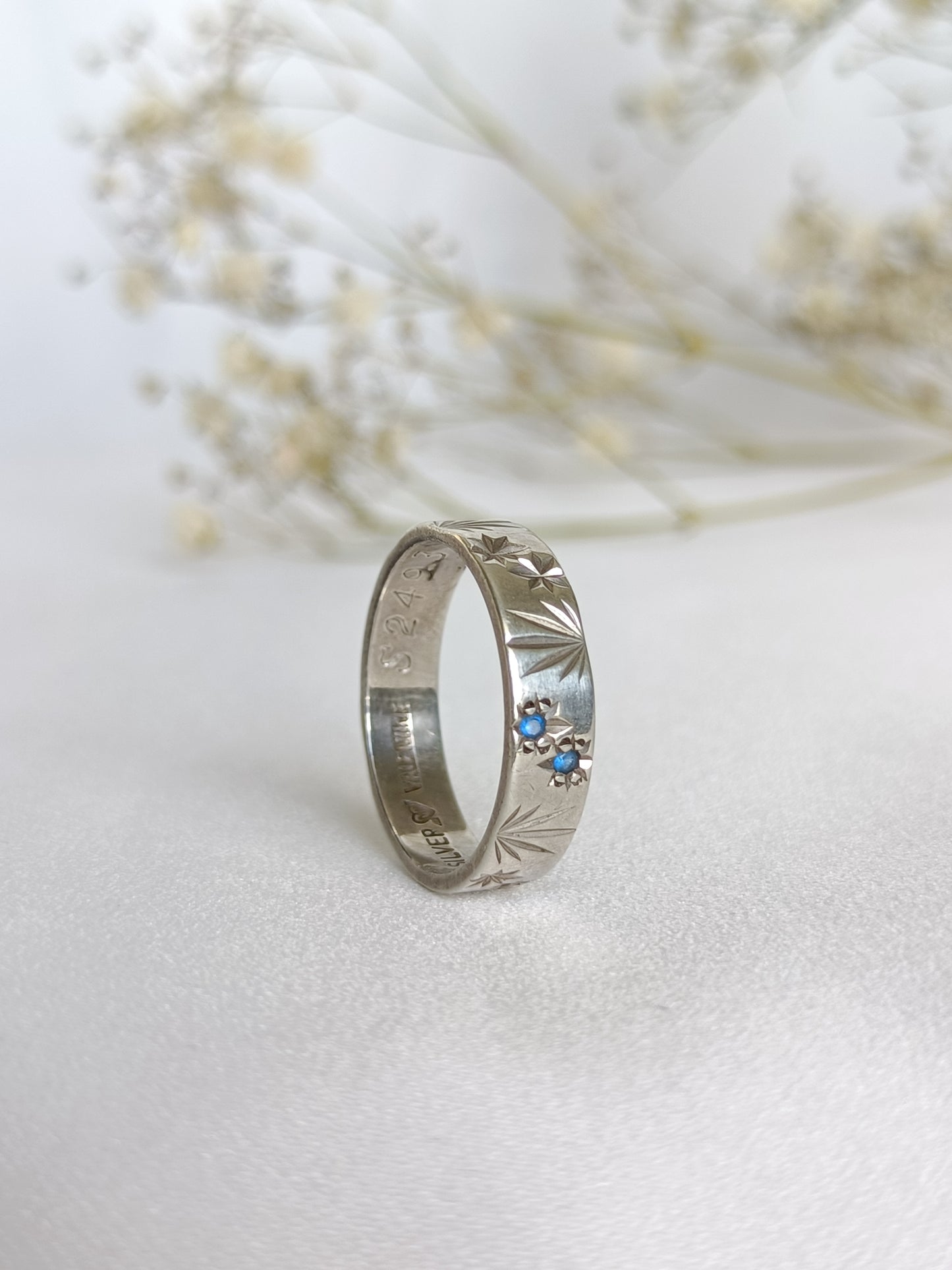 Vintage Australian 1960's Sterling silver MY VALENTINE blue spinel star etched band