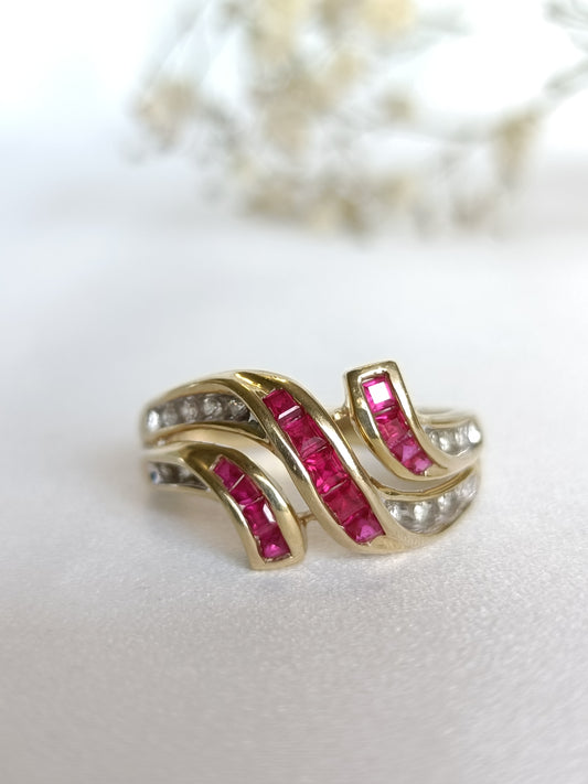 Beautiful 9ct yellow gold created Ruby & Diamond statement ring