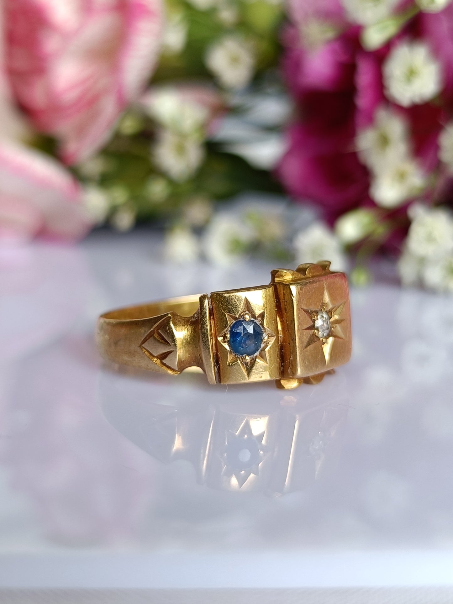 Antique 1901 18ct Gold Chester Assayed Diamond & Sapphire Flush Star Set Ring