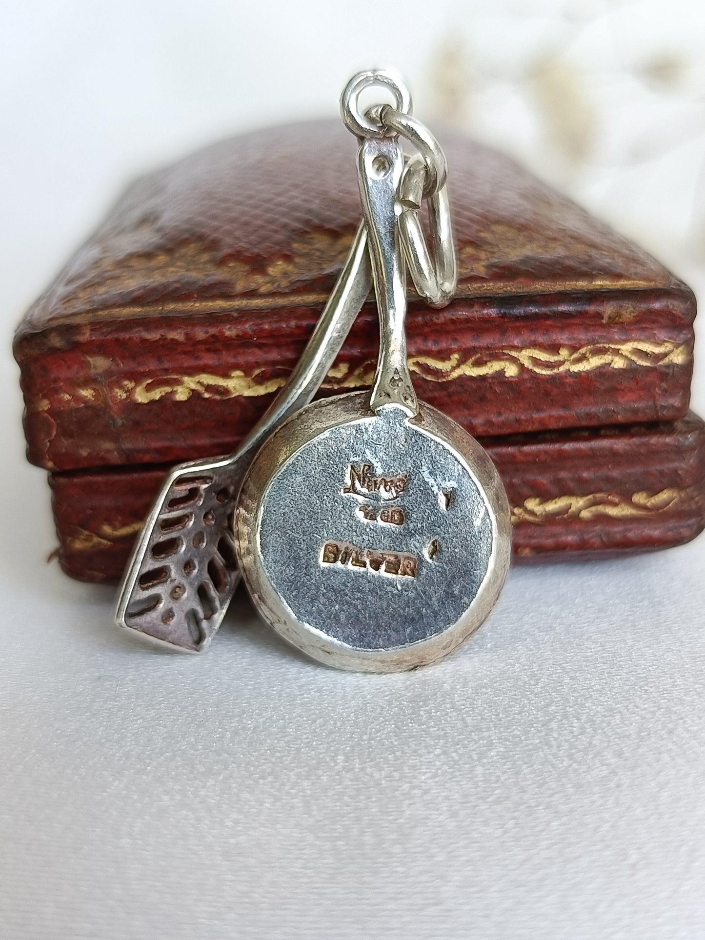 Vintage sterling silver & enamel fry pan with enamel egg & spatula charm