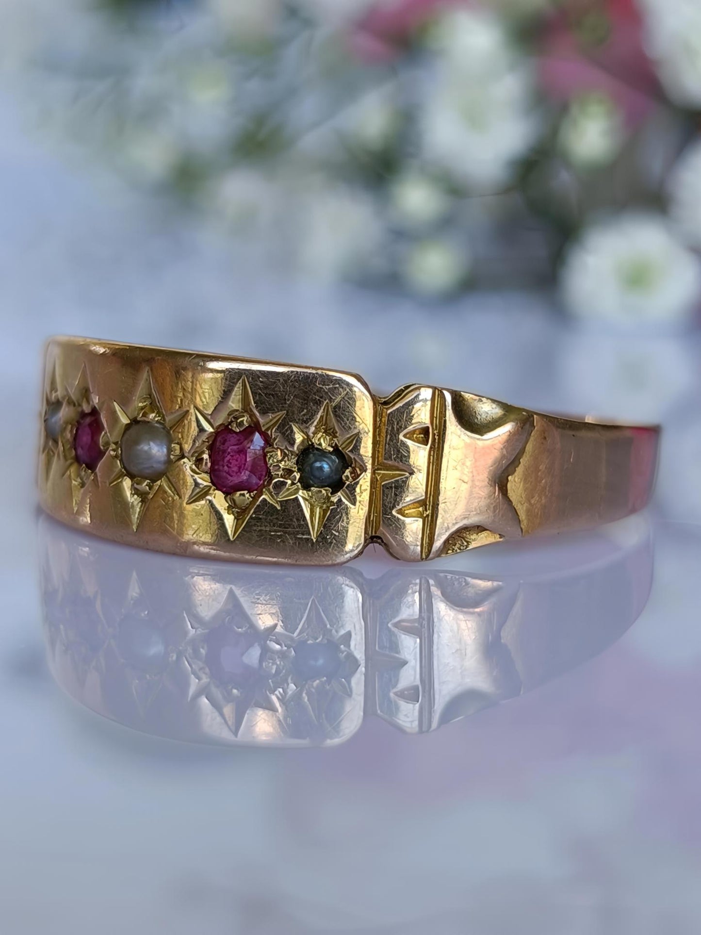 Antique Australian 15ct Gold Ruby & Seed Pearl 5 Stone Star Set Gypsy Ring Size V