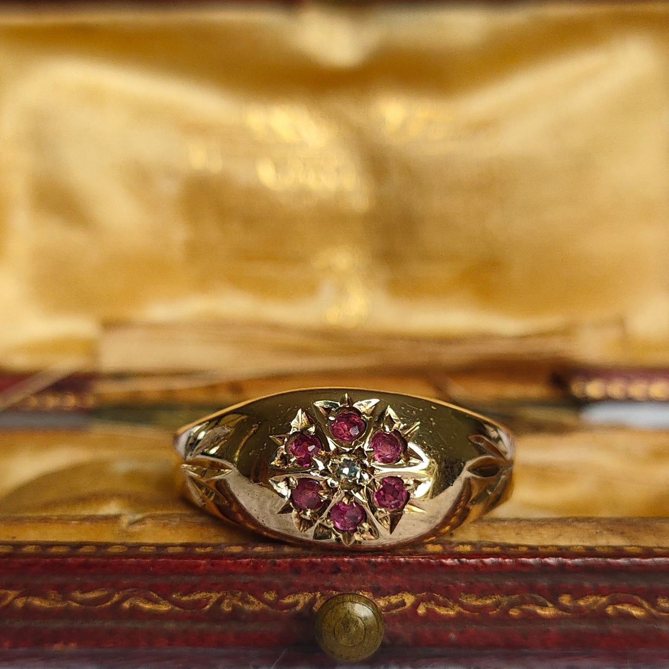 Vintage 1977 9ct gold Ruby & diamond etched Domed gypsy ring