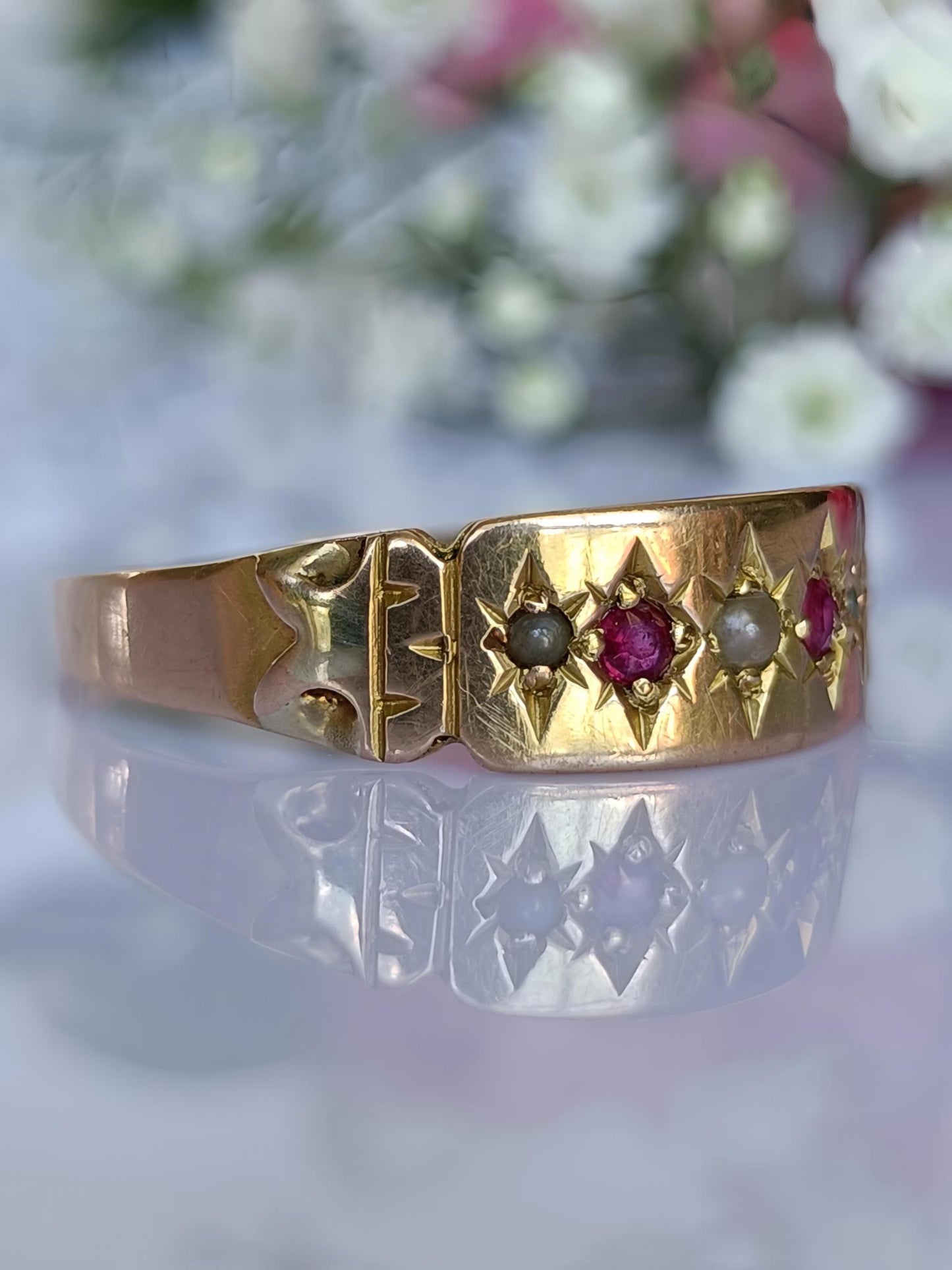 Antique Australian 15ct Gold Ruby & Seed Pearl 5 Stone Star Set Gypsy Ring Size V