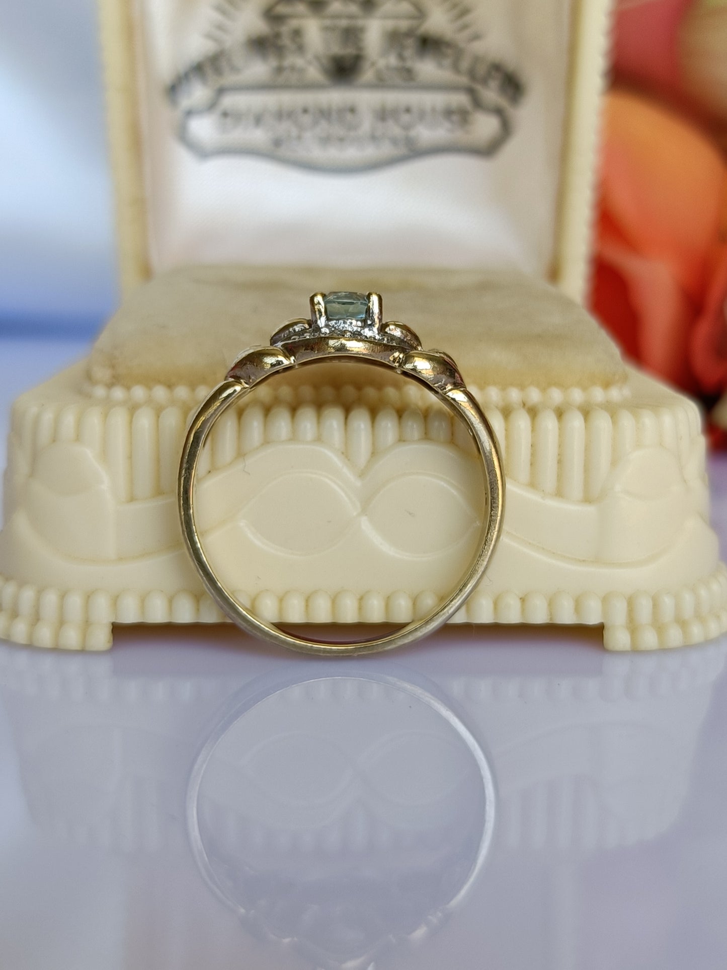 9ct yellow gold blue topaz & diamond dress ring size 5 1/2 US or K UK