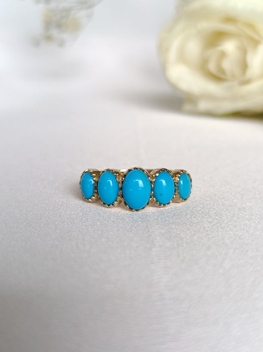 Modern English Made Solid 9ct Yellow Gold Sleeping beauty Turquoise half eternity ring size 7 US or N UK