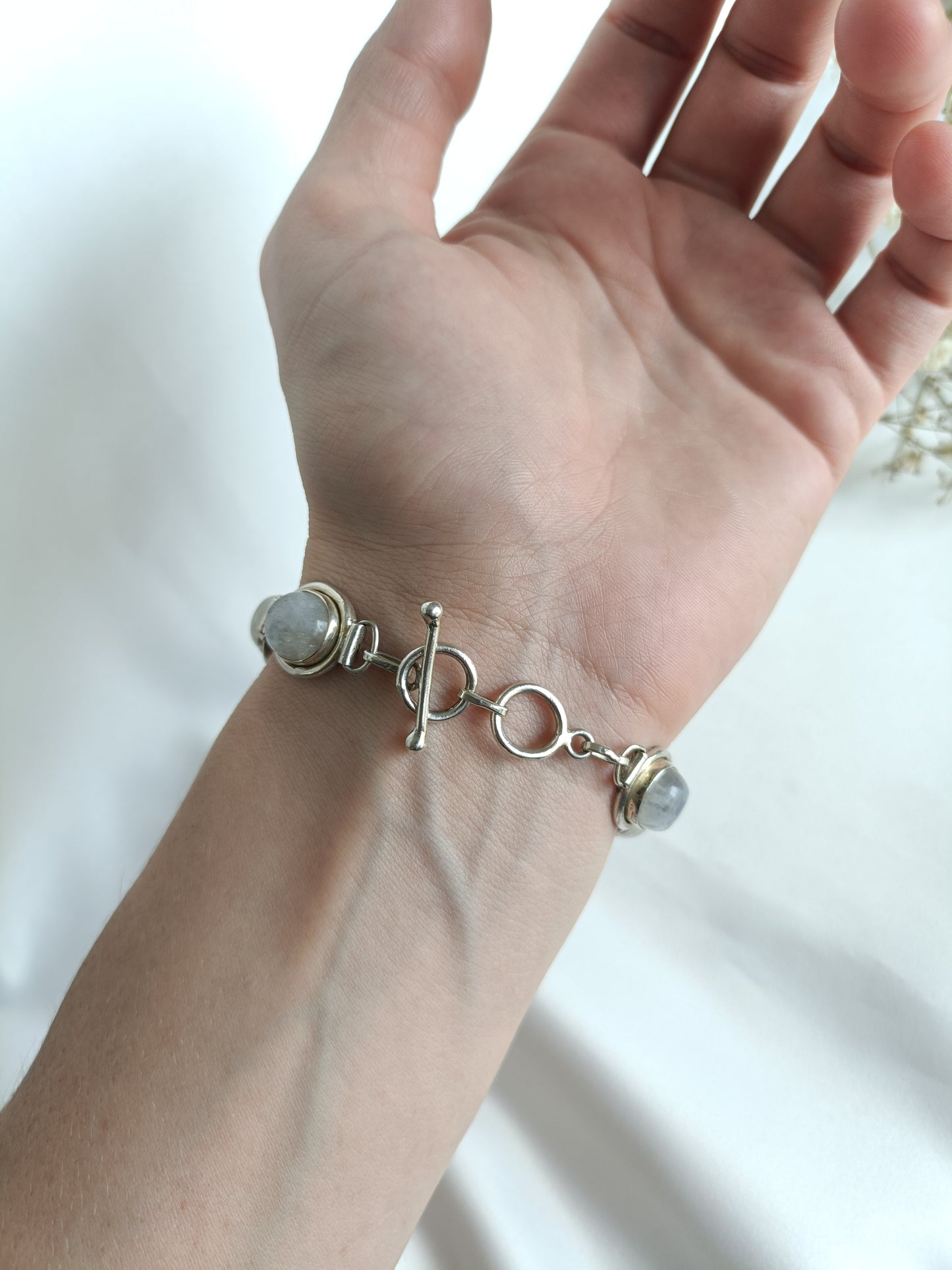 Vintage 925 sterling silver & moonstone toggle bracelet 18-19cm