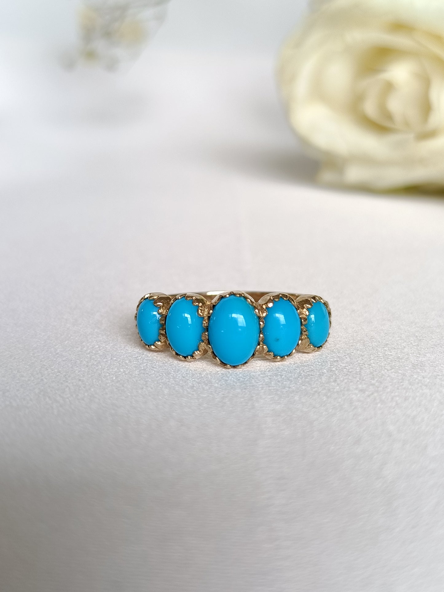 Modern English Made Solid 9ct Yellow Gold Sleeping beauty Turquoise half eternity ring size 7 US or N UK