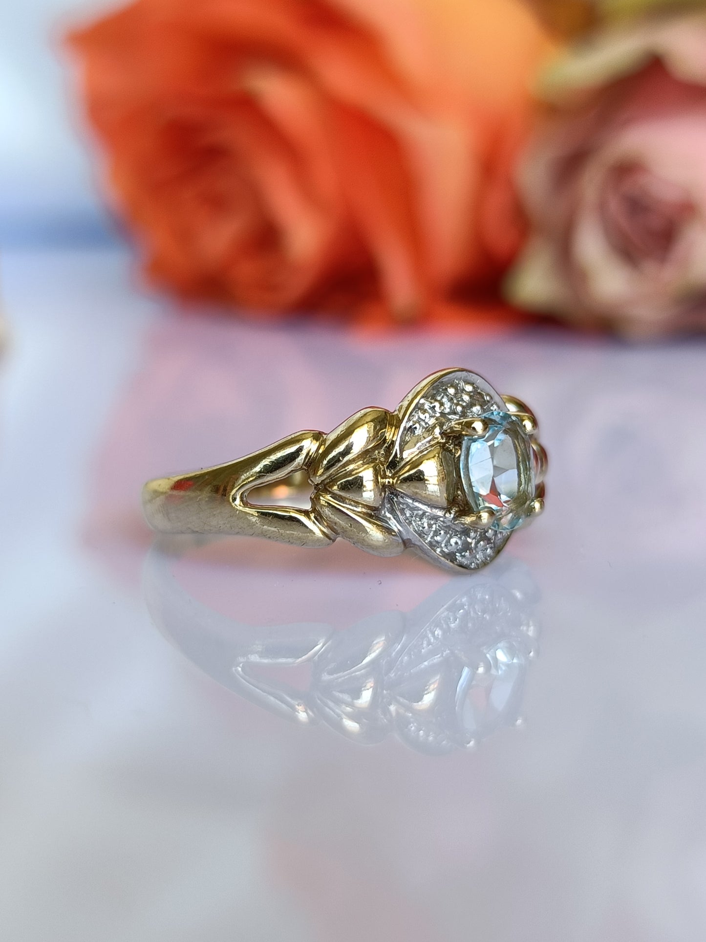 9ct yellow gold blue topaz & diamond dress ring size 5 1/2 US or K UK