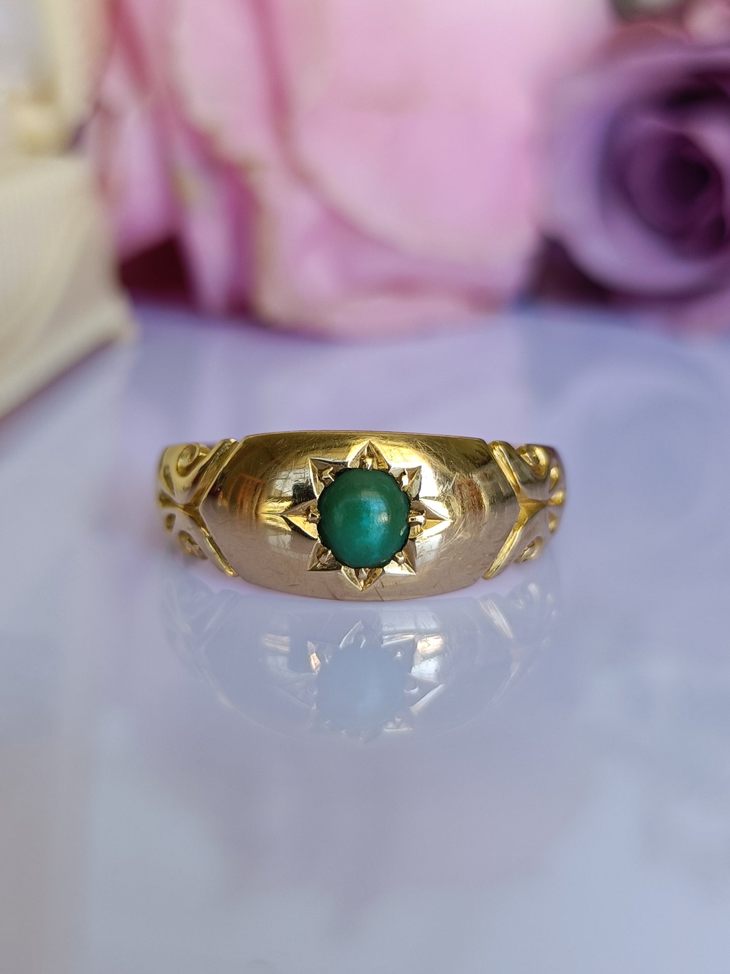 Antique 1908 Chester 18ct Gold & Turquoise Star Set Gypsy Band Ring