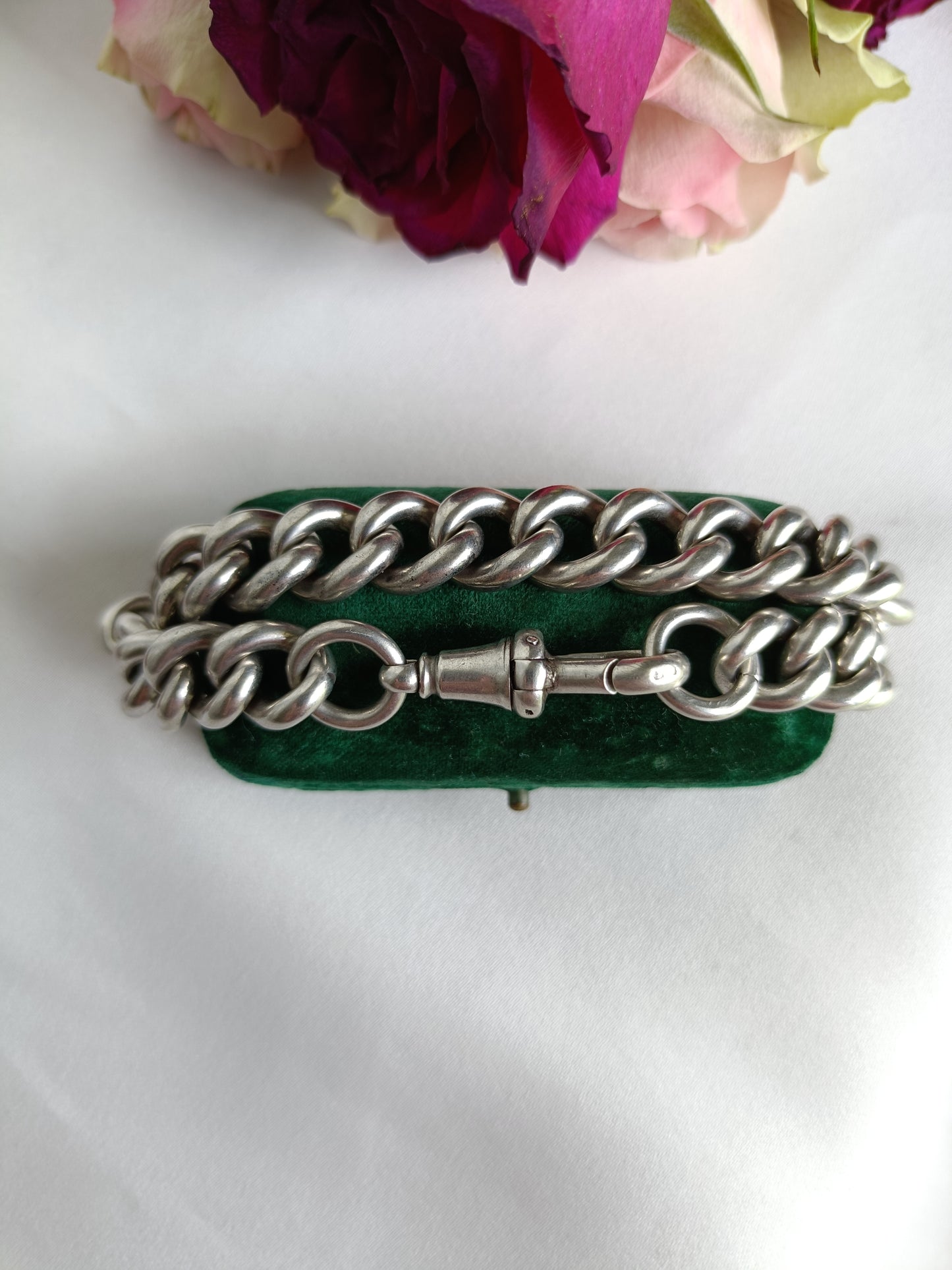 Antique English heavy sterling silver curb link chain bracelet with dog clip closure 22cm