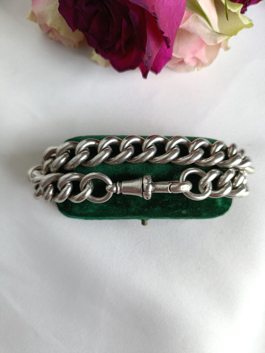 Antique English heavy sterling silver curb link chain bracelet with dog clip closure 22cm