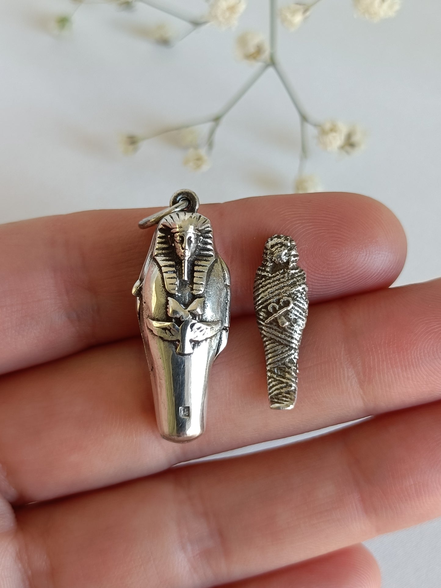 Vintage Egyptian 800 silver sarcophagus locket & mummy pendant