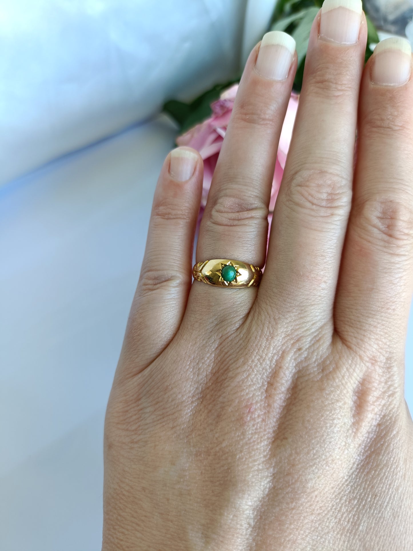 Antique 1908 Chester 18ct Gold & Turquoise Star Set Gypsy Band Ring