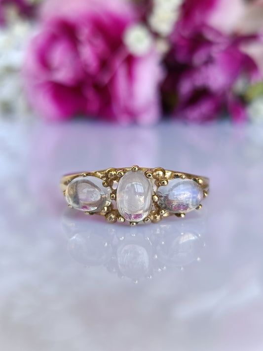 Vintage 1989 9ct Yellow Gold & Moonstone Trilogy Ring Size 7.5 US Or O UK/AU