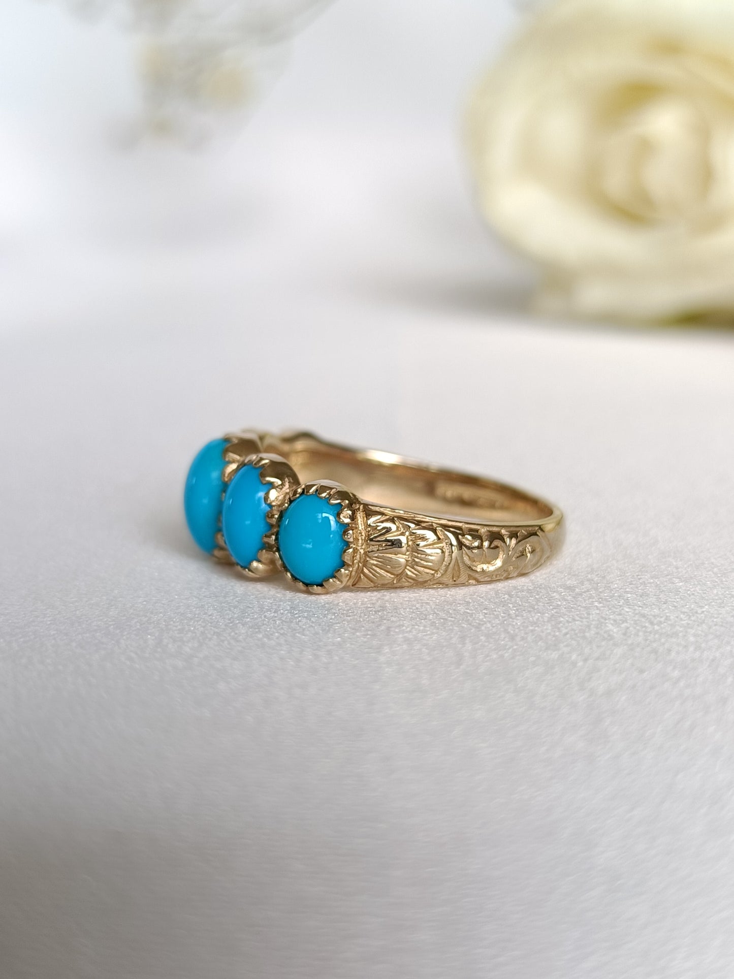 Modern English Made Solid 9ct Yellow Gold Sleeping beauty Turquoise half eternity ring size 7 US or N UK