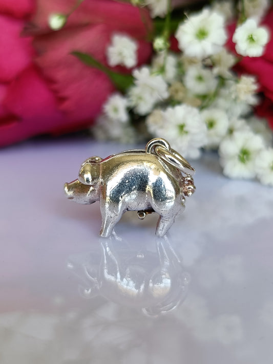 Vintage sterling silver moving piggy bank & coin charm or pendant