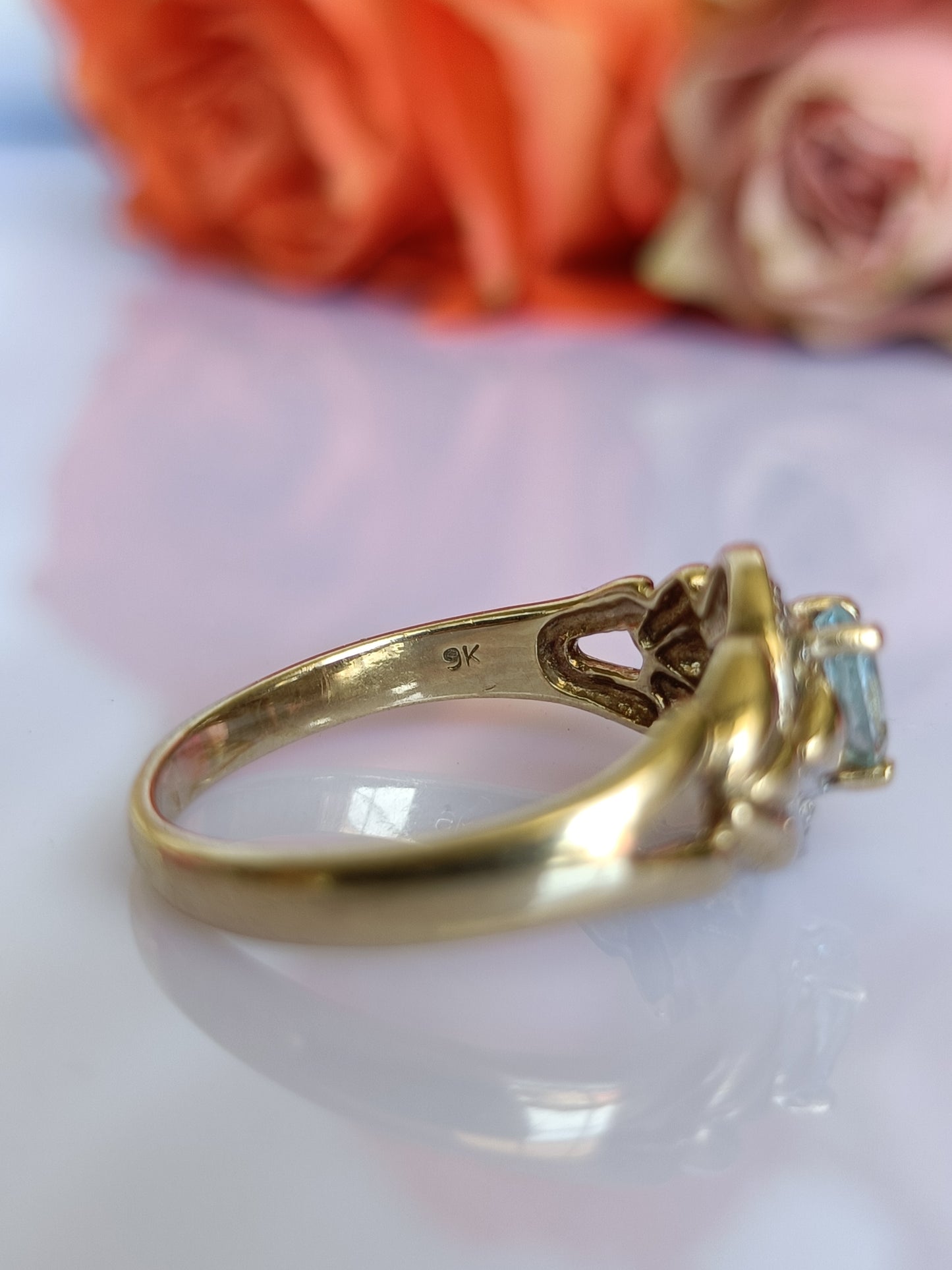 9ct yellow gold blue topaz & diamond dress ring size 5 1/2 US or K UK