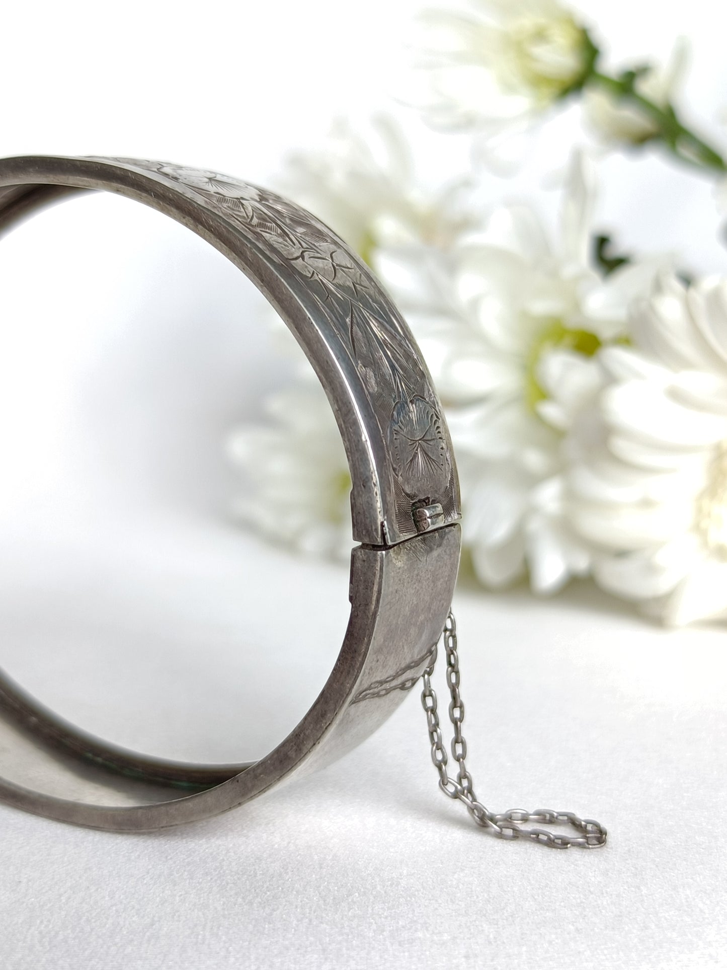 Antique 1883c sterling silver floral morning glory engraved bangle by James Fenton