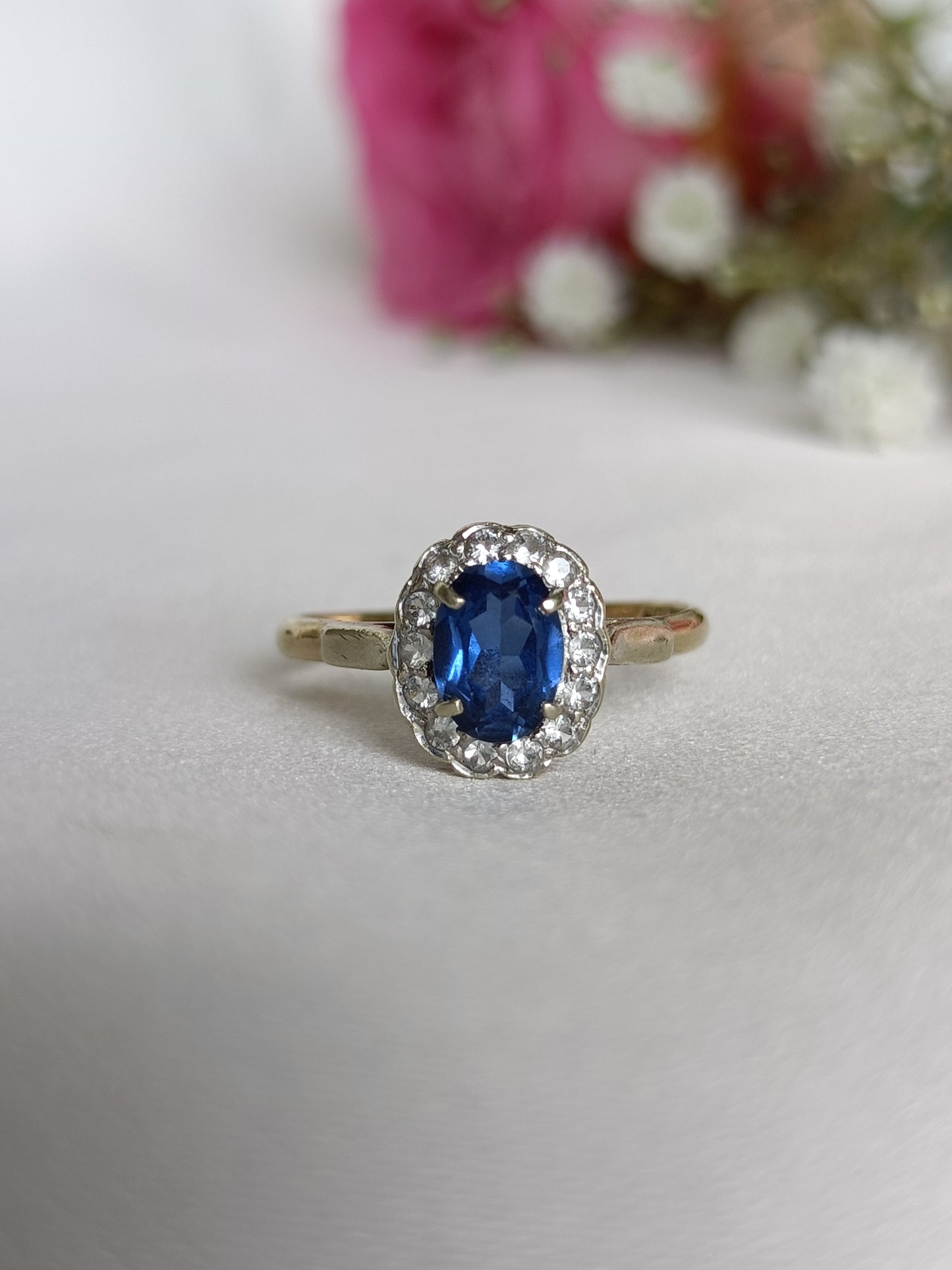 Vintage art deco 9ct gold sapphire & paste flower cluster ring size 6 1/2 US or M UK