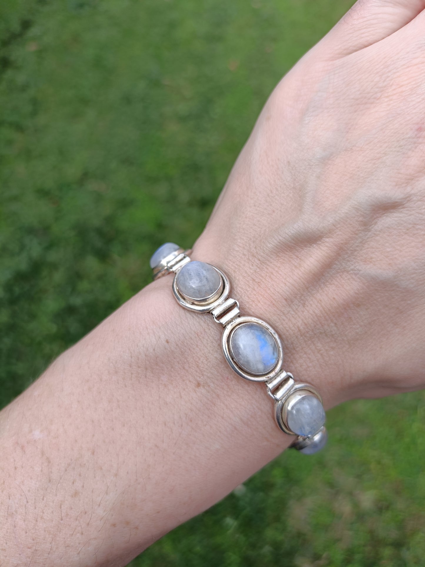 Vintage 925 sterling silver & moonstone toggle bracelet 18-19cm