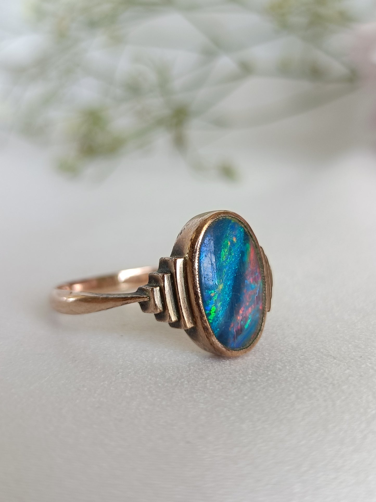 Antique Australian 9ct gold solitaire black opal doublet ring by William Drummond