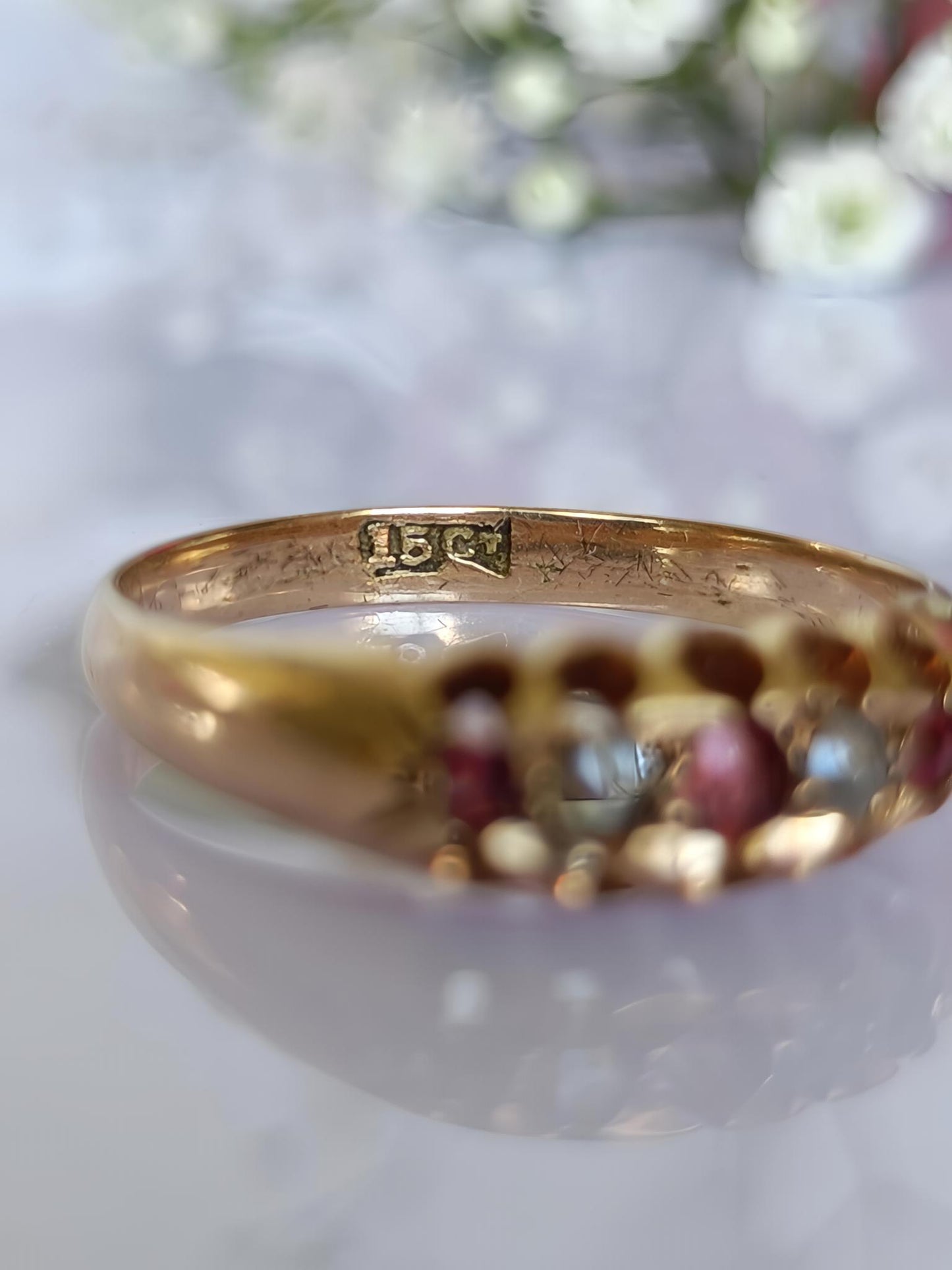 Antique Victorian 15ct yellow gold garnet & diamond 5 stone boat ring size 7 US or N UK
