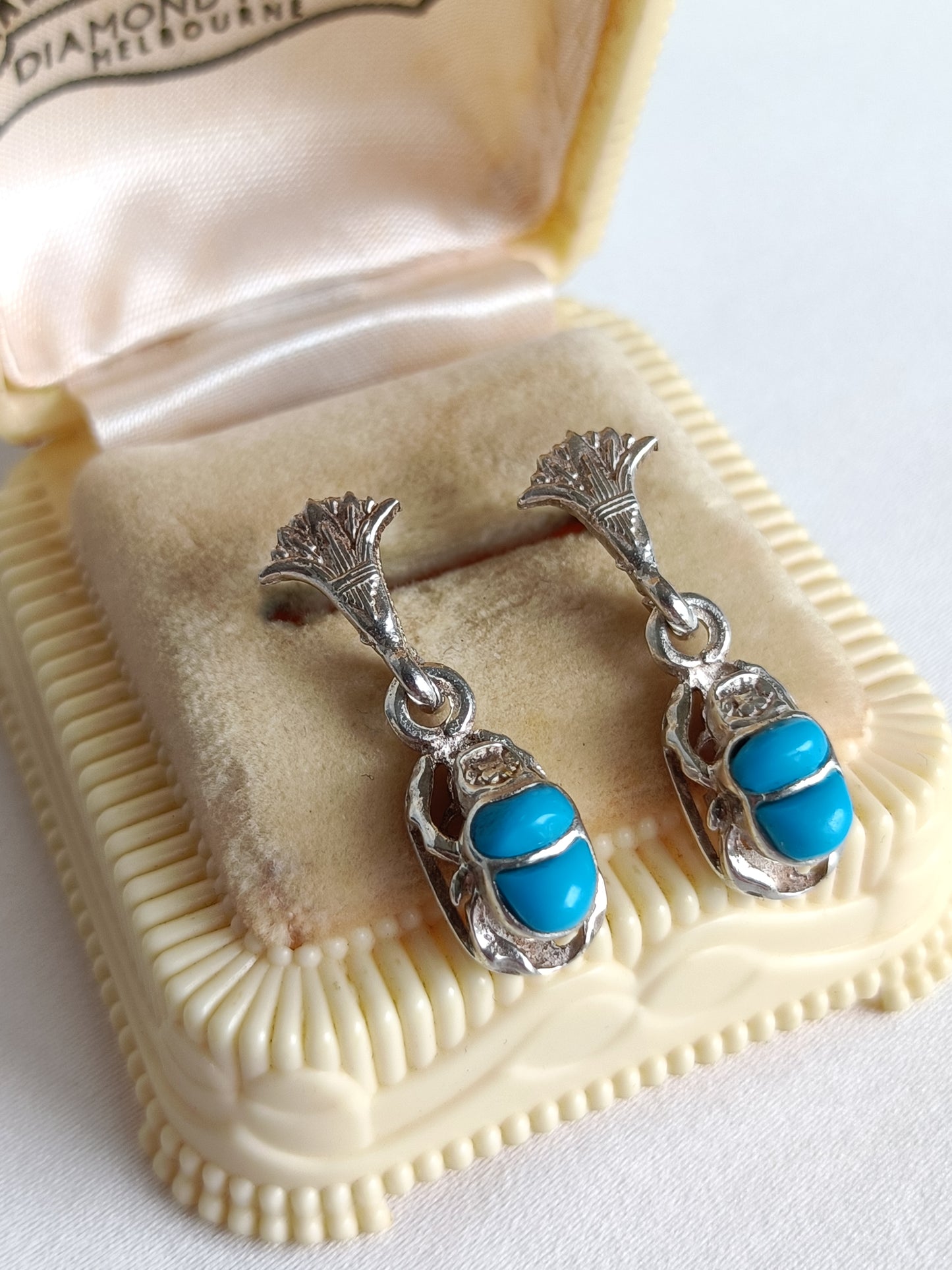 Egyptian silver & turquoise blue acrylic scarab design earrings