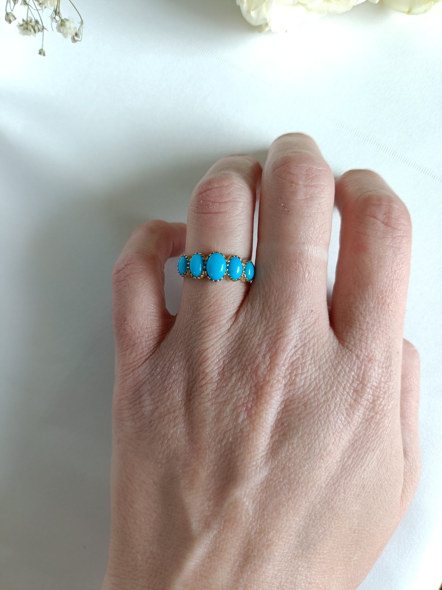 Modern English Made Solid 9ct Yellow Gold Sleeping beauty Turquoise half eternity ring size 7 US or N UK