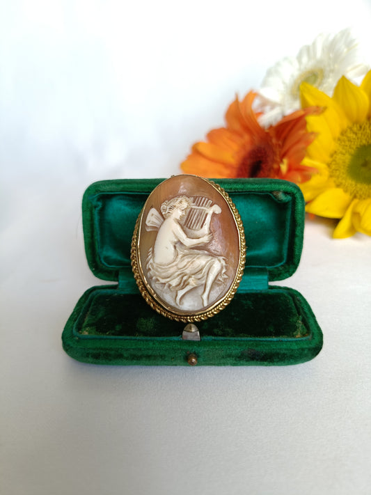 Vintage 1946 9ct gold and hand carved shell fairy angel cameo brooch by WH Tandy & Sons