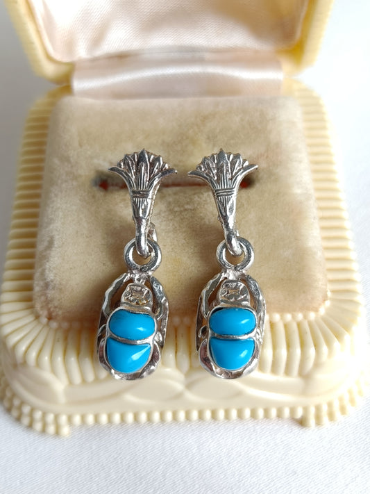 Egyptian silver & turquoise blue acrylic scarab design earrings