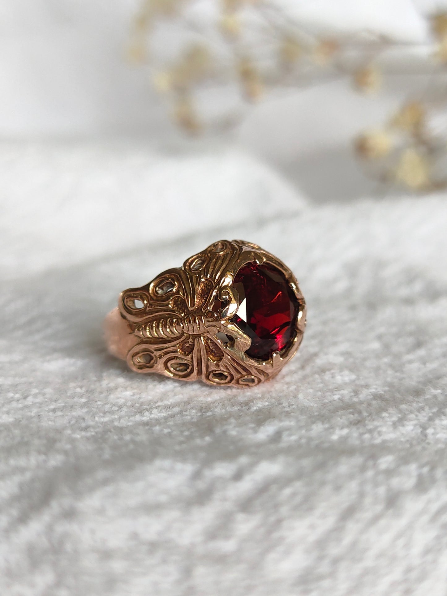 Brilliant Antique Solid 9ct gold natural Garnet Butterfly solitaire Signet ring