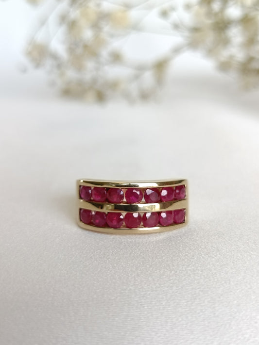 Vintage 10ct yellow gold Channel Set double row Natural Ruby cocktail Ring