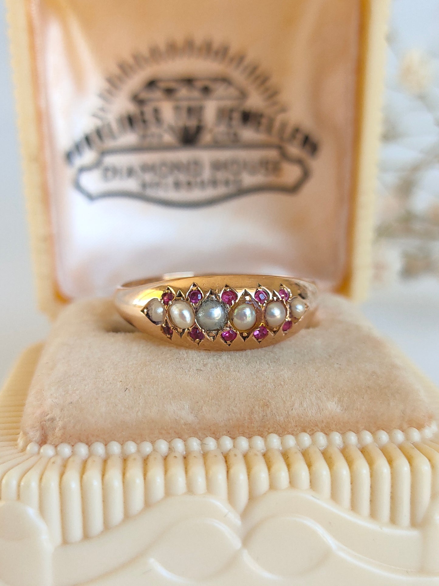 Antique 1878 15ct yellow gold Ruby & Seed pearl domed band gypsy ring