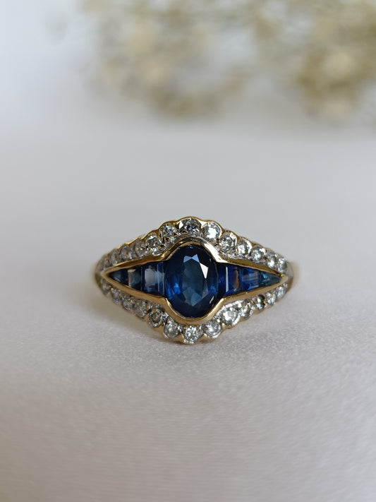 Contemporary 9ct yellow gold low set Sapphire and diamond ring size 7 1/2 US or O UK