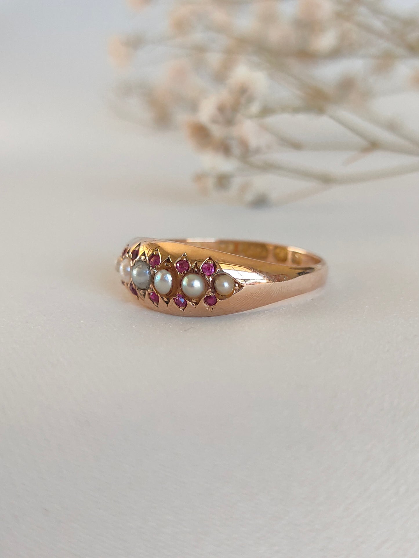 Antique 1878 15ct yellow gold Ruby & Seed pearl domed band gypsy ring